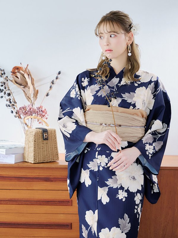 画像11: 【即日発送】ネイビー×ホワイトフラワー浴衣【浴衣３点セット 浴衣/帯/下駄】[YMT] (11)