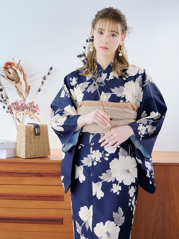 画像12: 【即日発送】ネイビー×ホワイトフラワー浴衣【浴衣３点セット 浴衣/帯/下駄】[YMT] (12)