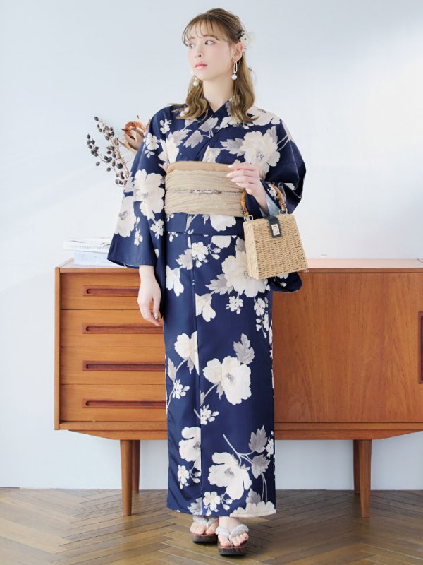 画像14: 【即日発送】ネイビー×ホワイトフラワー浴衣【浴衣３点セット 浴衣/帯/下駄】[YMT] (14)