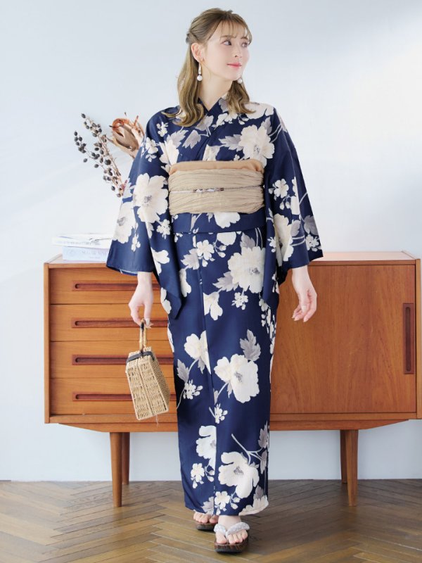 画像16: 【即日発送】ネイビー×ホワイトフラワー浴衣【浴衣３点セット 浴衣/帯/下駄】[YMT] (16)