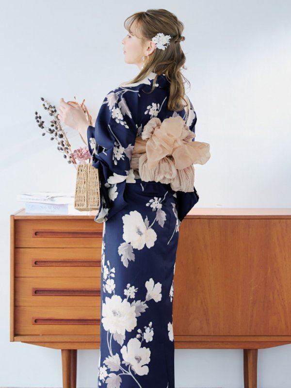画像17: 【即日発送】ネイビー×ホワイトフラワー浴衣【浴衣３点セット 浴衣/帯/下駄】[YMT] (17)