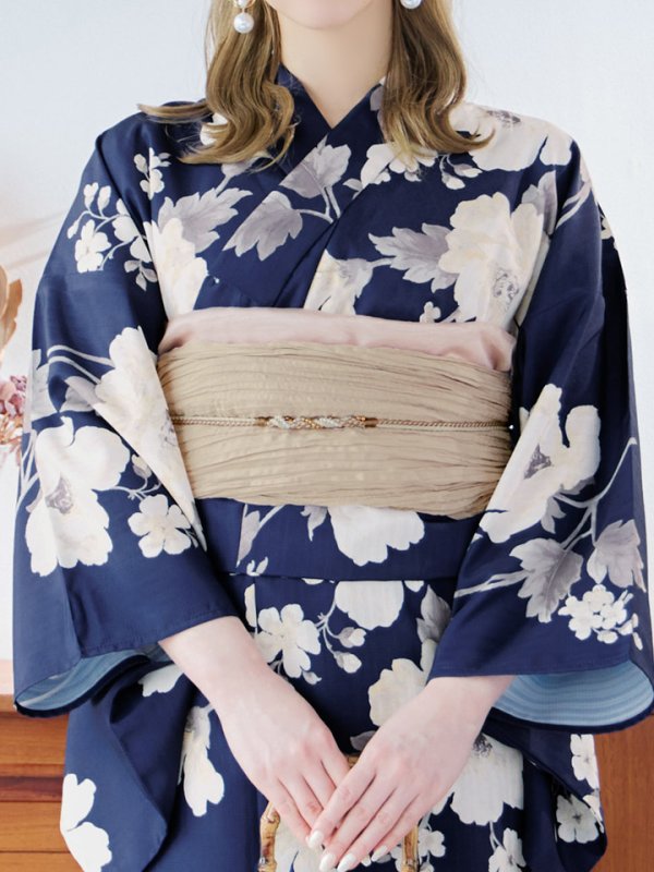 画像19: 【即日発送】ネイビー×ホワイトフラワー浴衣【浴衣３点セット 浴衣/帯/下駄】[YMT] (19)