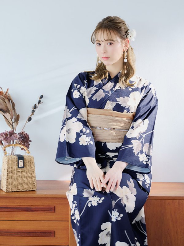 画像6: 【即日発送】ネイビー×ホワイトフラワー浴衣【浴衣３点セット 浴衣/帯/下駄】[YMT] (6)