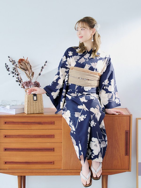 画像7: 【即日発送】ネイビー×ホワイトフラワー浴衣【浴衣３点セット 浴衣/帯/下駄】[YMT] (7)
