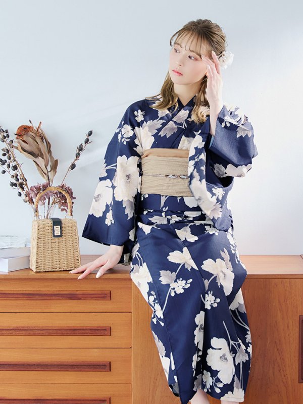画像9: 【即日発送】ネイビー×ホワイトフラワー浴衣【浴衣３点セット 浴衣/帯/下駄】[YMT] (9)