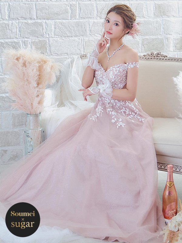 【Lip line/リップライン】フラワー刺繍/ オフショル/ ラメチュール/ スピンドル/ フレア/ Aライン/ ロングドレス/ キャバドレス long ダスティーピンク