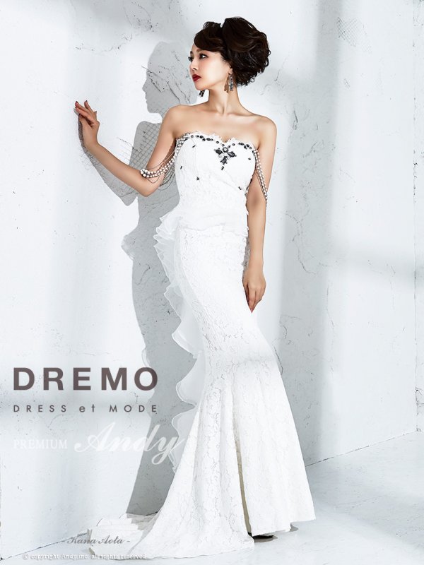 【PREMIUM ANDY】パール/ ベア/ 総レース/ バックシャン/ ロング/ キャバドレス long/ホワイト