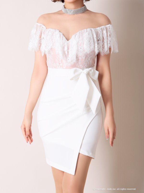画像5: 【ANDY/アンディ】レース/ リボン/変形スカート/オフショルデザイン/タイト/ ミニドレス/ キャバドレス[OF05] (5)
