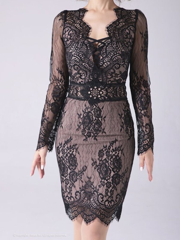 画像4: 【ANDY/アンディ】総レース/ バストクロスデザイン/ 長袖/ 袖あり/ タイト/ ミニドレス/ キャバドレス[OF05] (4)