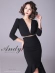 【ANDY/アンディ】マーメイド/ 七分袖/ 長袖/ 袖あり/ カットアウト/ ワンカラー/ テールカット/ フリル/ ミディアム/ キャバドレス　ブラック