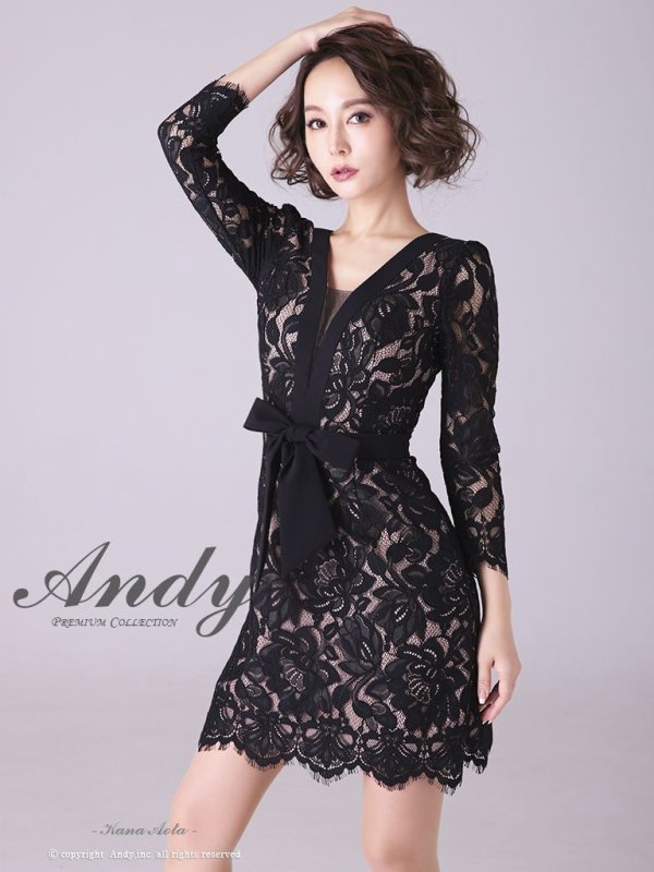 【Andy ANDY Fashion Press 14 COLLECTION 03】 フラワーレース / ウエストリボン/ 長袖/ 袖あり/ Aライン/ ミニドレス/ キャバドレス[OF05]　ブラックベージュ