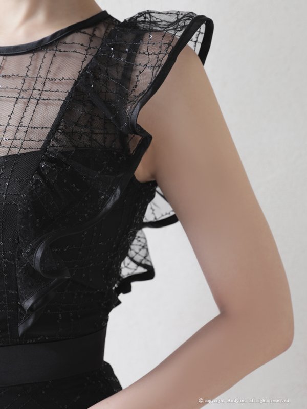 画像6: 【ANDY/アンディ】スパンコール/ チェック柄チュール/ パイピング/ フレア/ フリルスリーブ/ Aライン/ ミニドレス/ キャバドレス[OF05] (6)