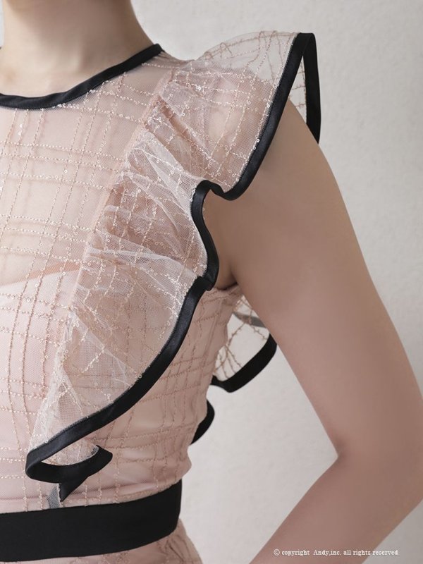 画像20: 【ANDY/アンディ】スパンコール/ チェック柄チュール/ パイピング/ フレア/ フリルスリーブ/ Aライン/ ミニドレス/ キャバドレス[OF05] (20)