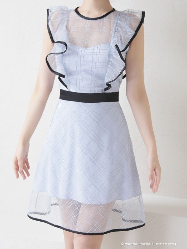 画像26: 【ANDY/アンディ】スパンコール/ チェック柄チュール/ パイピング/ フレア/ フリルスリーブ/ Aライン/ ミニドレス/ キャバドレス[OF05] (26)