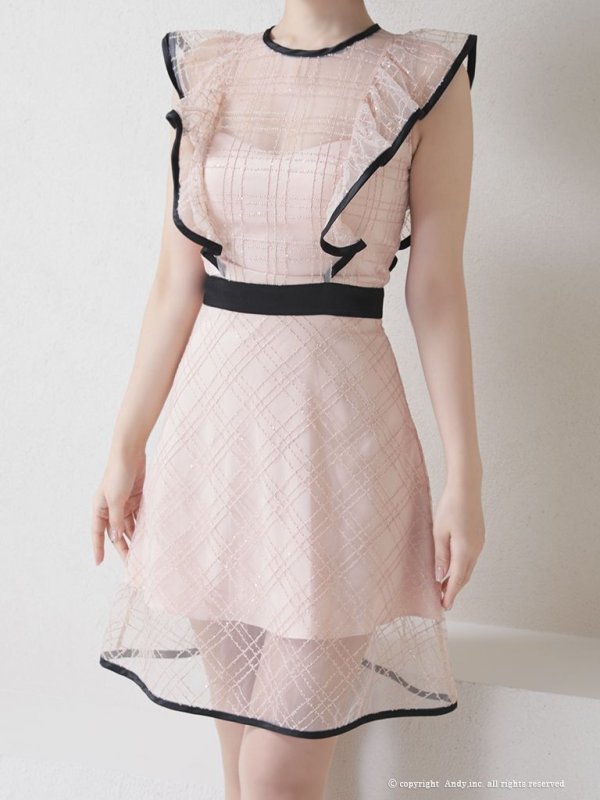 画像19: 【ANDY/アンディ】スパンコール/ チェック柄チュール/ パイピング/ フレア/ フリルスリーブ/ Aライン/ ミニドレス/ キャバドレス[OF05] (19)