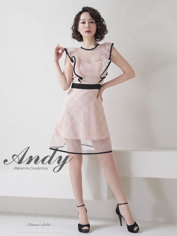 画像16: 【ANDY/アンディ】スパンコール/ チェック柄チュール/ パイピング/ フレア/ フリルスリーブ/ Aライン/ ミニドレス/ キャバドレス[OF05] (16)