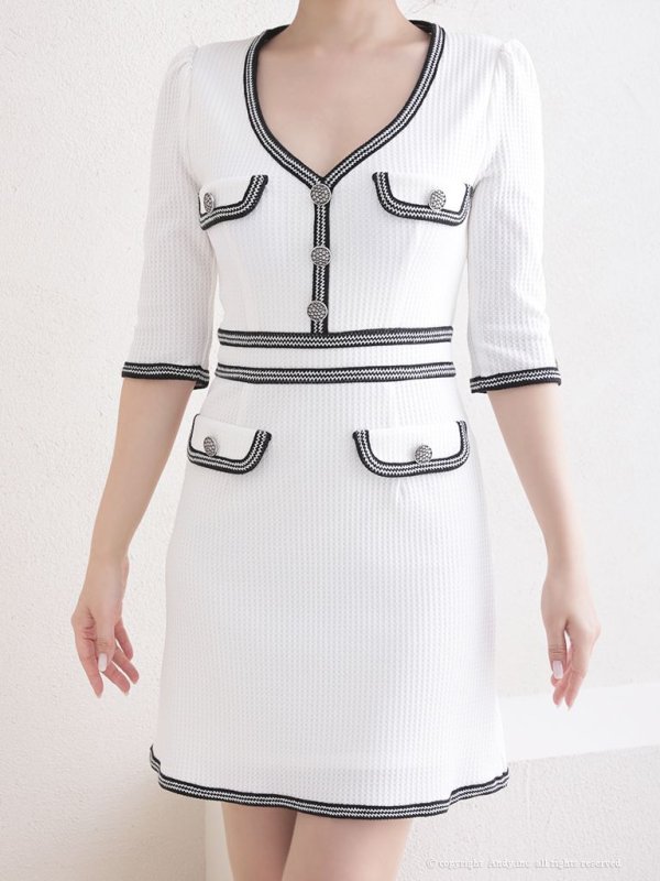 画像5: 【ANDY/アンディ】モノトーン/ 五分袖/ 袖あり/ パイピング/ ポケットデザイン/ ボタン/ Aライン/ ミニドレス/ キャバドレス[OF05] (5)