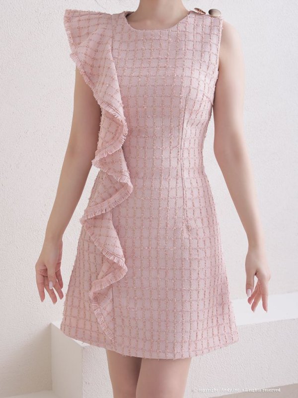 画像13: 【ANDY/アンディ】チェック柄/ ツイード/ フリル/ ノースリーブ/ 台形スカート/ フレア/ ワンピース/ ミニドレス/ キャバドレス[OF05] (13)