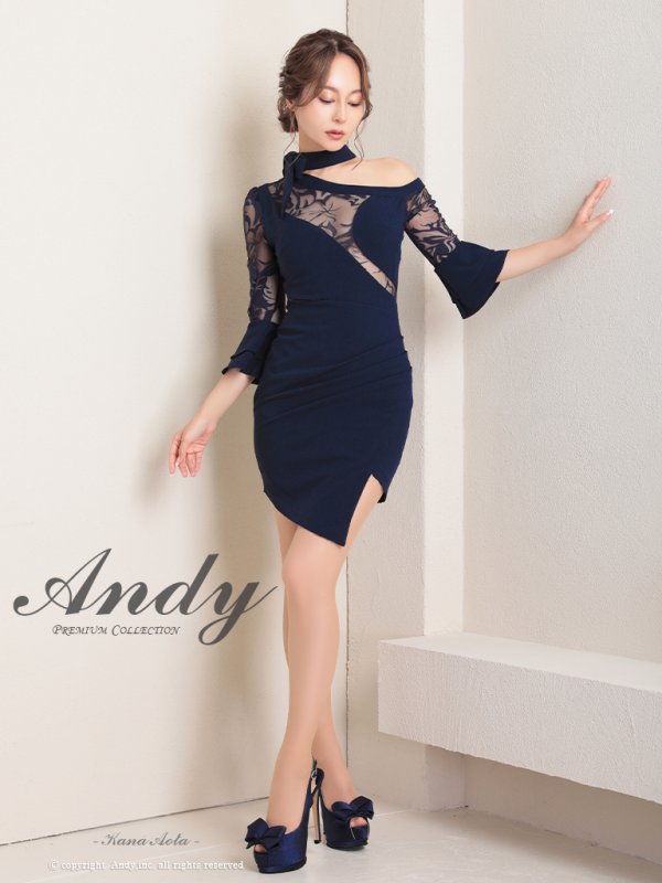 画像2: 【ANDY/アンディ】ワンショルダー/ 袖あり/ 七分袖/ フラワーレース/ ワンカラー/ アシンメトリー/ タイト/ ミニドレス/ キャバドレス[FB03] (2)