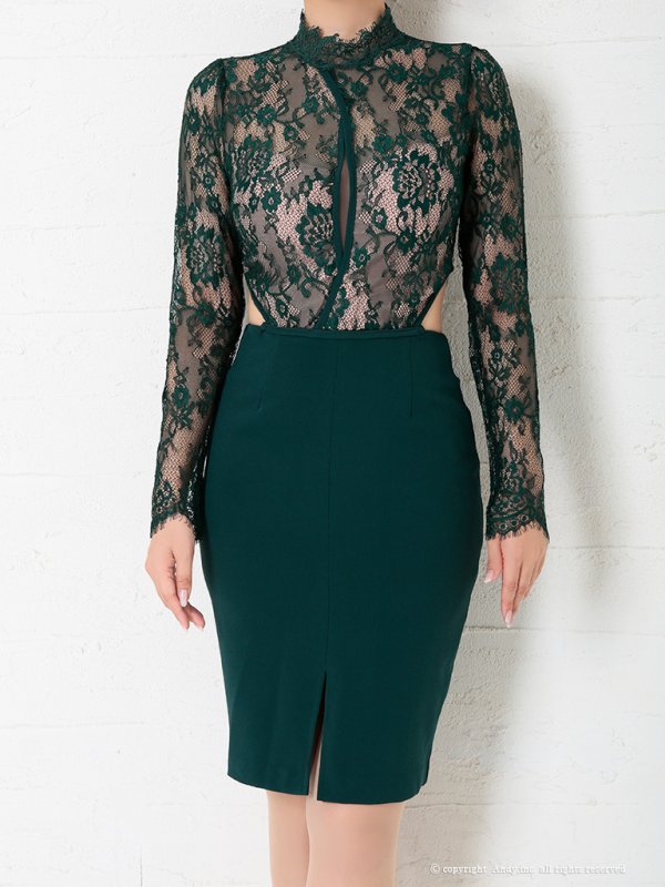 画像5: 【ANDY/アンディ】長袖/レース/ ハイネック/ カットアウト/ スリット/ タイト/ ミニドレス/ キャバドレス[OF05] (5)