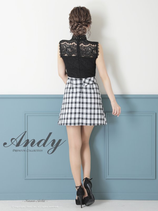 画像12: 【ANDY/アンディ】チェック柄/ ノースリーブ/ ハイネック/ 切替デザイン/ レース/ フレア/ ミニドレス/ キャバドレス[OF05] (12)