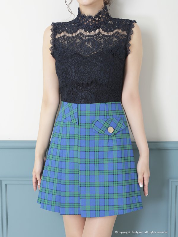 画像29: 【ANDY/アンディ】チェック柄/ ノースリーブ/ ハイネック/ 切替デザイン/ レース/ フレア/ ミニドレス/ キャバドレス[OF05] (29)
