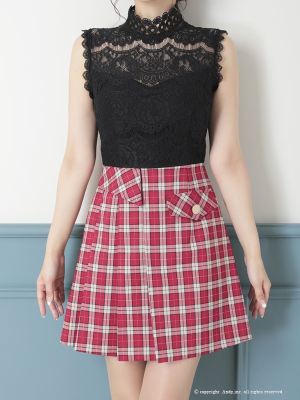 画像5: 【ANDY/アンディ】チェック柄/ ノースリーブ/ ハイネック/ 切替デザイン/ レース/ フレア/ ミニドレス/ キャバドレス[OF05] (5)