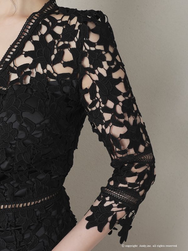 画像7: 【ANDY/アンディ】ワンカラー/ 総ケミカルレース/ 七分袖/ 袖あり/ タイト/ ミディアムドレス/ キャバドレス[FB03] (7)