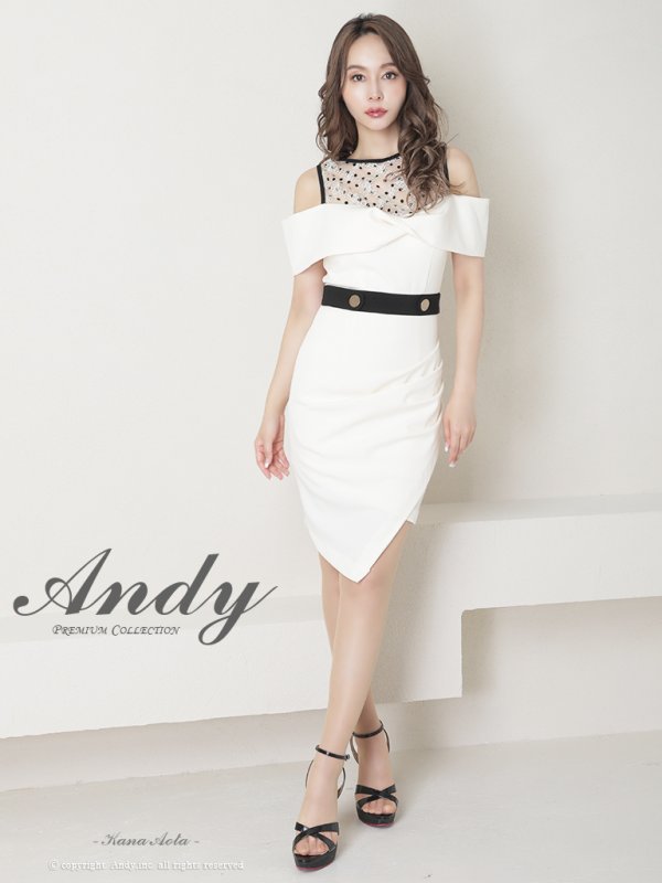 画像2: 【ANDY/アンディ】ドットレース/ オフショルダー/ タック/ タイト/ アシンメトリー/ 膝丈/ ミディアムドレス/ ミニドレス/ キャバドレス[FB03] (2)