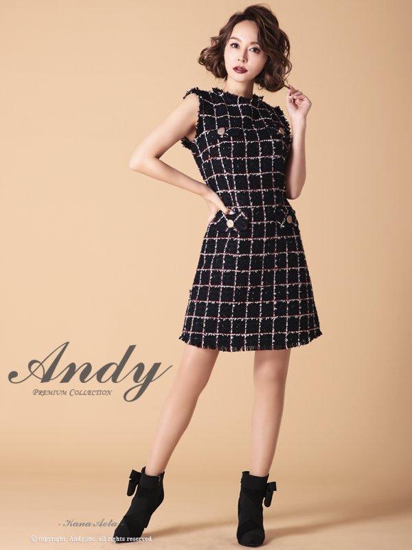 画像18: Lサイズあり【ANDY/アンディ】ツイード/ ボタン/ ポケット風デザイン/ フリンジ/ ノースリーブ/ フレア/ ミニドレス/ キャバドレス[OF05] (18)