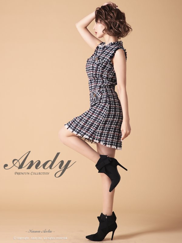 画像3: Lサイズあり【ANDY/アンディ】ツイード/ ボタン/ ポケット風デザイン/ フリンジ/ ノースリーブ/ フレア/ ミニドレス/ キャバドレス[OF05] (3)