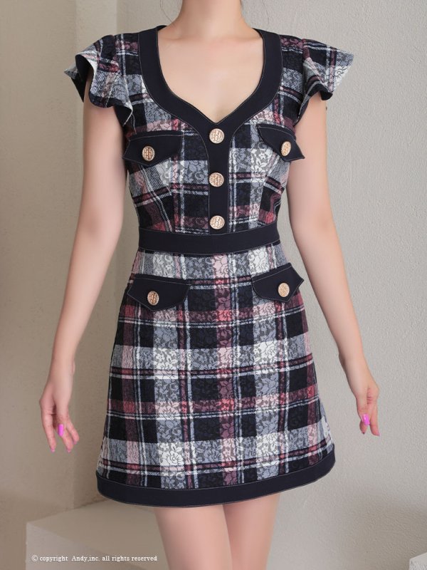 画像13: 【ANDY/アンディ】チェック/ 袖フリル/ レース/ ボタン/ ワンピース/ タイト/ ミニドレス/ キャバドレス[OF05] (13)