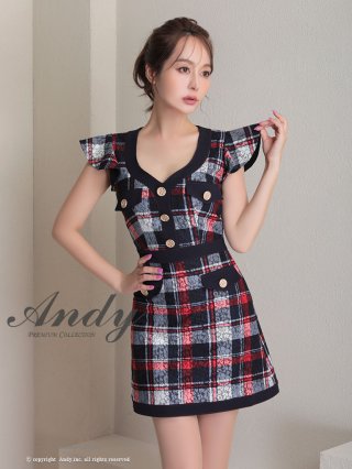 Andyキャバドレス【新品未使用】フリル付きチェック柄ノースリーブワンピース ANDY/アンディ】ミックスツイード/ フリンジ/ チェック柄