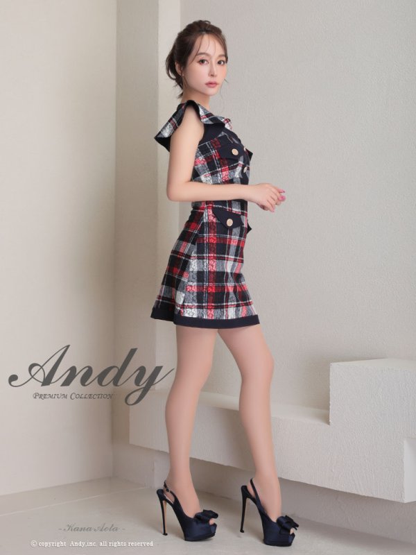画像3: 【ANDY/アンディ】チェック/ 袖フリル/ レース/ ボタン/ ワンピース/ タイト/ ミニドレス/ キャバドレス[OF05] (3)