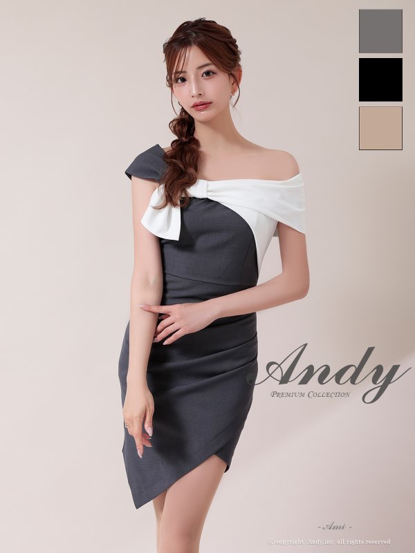 画像1: XSサイズあり【ANDY/アンディ】バイカラー/ ワンショル/ オフショル/ アシンメトリー/ タイト/ ミニドレス/ キャバドレス[OF05] (1)