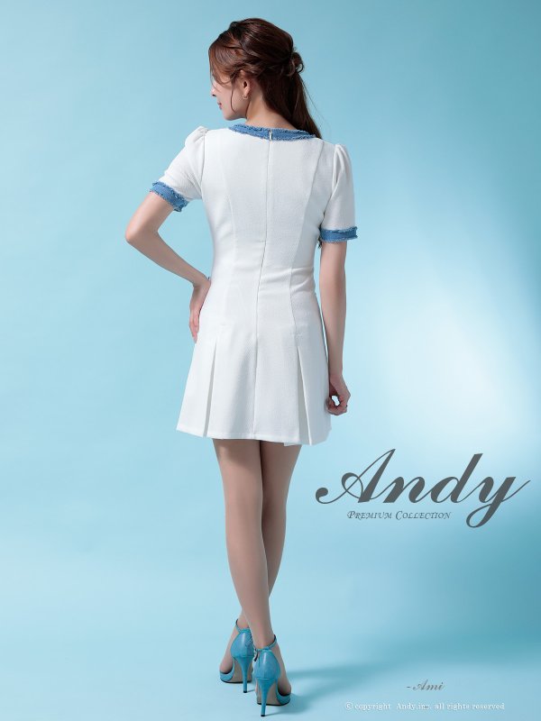 画像11: XSサイズあり【ANDY/アンディ】デニム/ フリンジ/ ボタン/ バイカラー/ ハーフスリーブ/ 袖あり/ ボックスプリーツ/ フレア/ ミニドレス/ キャバドレス[OF05] (11)