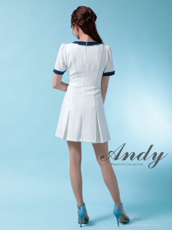 画像3: XSサイズあり【ANDY/アンディ】デニム/ フリンジ/ ボタン/ バイカラー/ ハーフスリーブ/ 袖あり/ ボックスプリーツ/ フレア/ ミニドレス/ キャバドレス[OF05] (3)