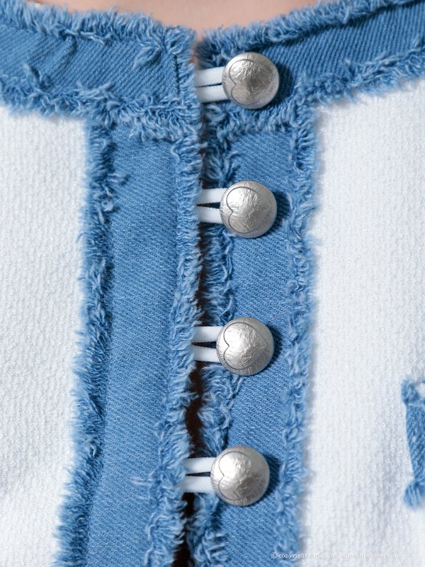 画像16: XSサイズあり【ANDY/アンディ】デニム/ フリンジ/ ボタン/ バイカラー/ ハーフスリーブ/ 袖あり/ ボックスプリーツ/ フレア/ ミニドレス/ キャバドレス[OF05] (16)