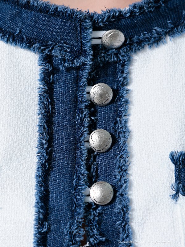 画像8: XSサイズあり【ANDY/アンディ】デニム/ フリンジ/ ボタン/ バイカラー/ ハーフスリーブ/ 袖あり/ ボックスプリーツ/ フレア/ ミニドレス/ キャバドレス[OF05] (8)