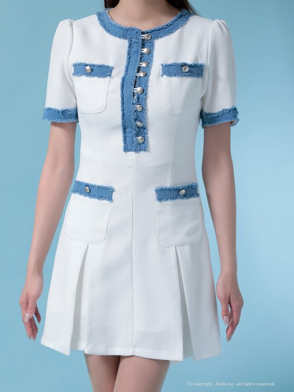 画像12: XSサイズあり【ANDY/アンディ】デニム/ フリンジ/ ボタン/ バイカラー/ ハーフスリーブ/ 袖あり/ ボックスプリーツ/ フレア/ ミニドレス/ キャバドレス[OF05] (12)