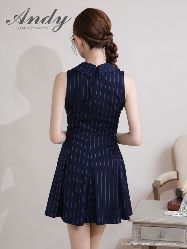 画像5: XSサイズあり【ANDY/アンディ】襟付き/ ストライプ/ ビジューボタン/ ノースリーブ/ Vネック/ フレア/ ミニドレス/ キャバドレス[OF05] (5)