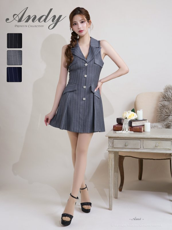 画像8: XSサイズあり【ANDY/アンディ】襟付き/ ストライプ/ ビジューボタン/ ノースリーブ/ Vネック/ フレア/ ミニドレス/ キャバドレス[OF05] (8)