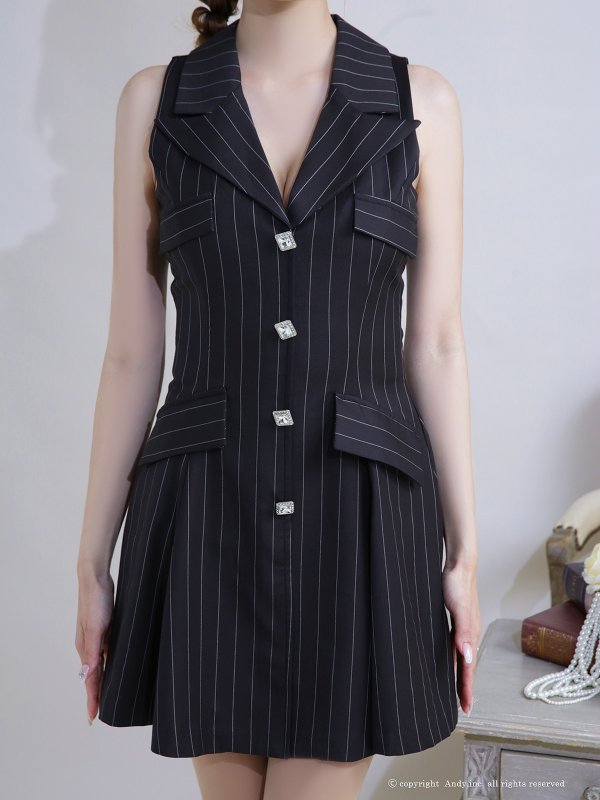画像19: XSサイズあり【ANDY/アンディ】襟付き/ ストライプ/ ビジューボタン/ ノースリーブ/ Vネック/ フレア/ ミニドレス/ キャバドレス[OF05] (19)
