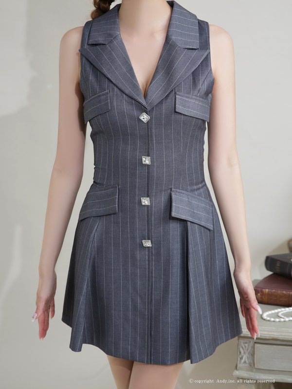画像13: XSサイズあり【ANDY/アンディ】襟付き/ ストライプ/ ビジューボタン/ ノースリーブ/ Vネック/ フレア/ ミニドレス/ キャバドレス[OF05] (13)