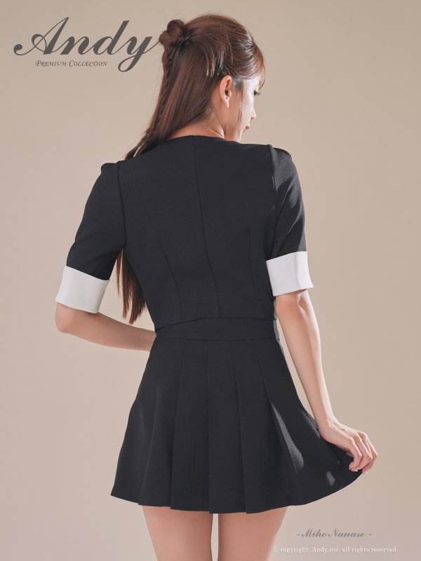 画像4: XSサイズあり【ANDY/アンディ】バイカラー/ リボンモチーフ/ 半袖/ 袖あり/ Vネック/ ダブルボタン/ プリーツ/ フレア/ セットアップ/ ミニドレス/ キャバドレス[OF05] (4)