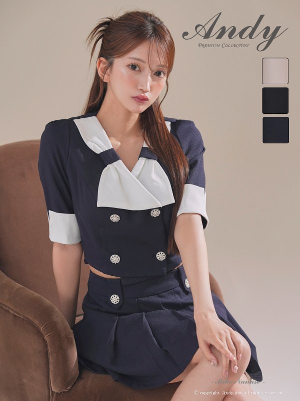 画像8: XSサイズあり【ANDY/アンディ】バイカラー/ リボンモチーフ/ 半袖/ 袖あり/ Vネック/ ダブルボタン/ プリーツ/ フレア/ セットアップ/ ミニドレス/ キャバドレス[OF05] (8)