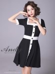 【ANDY/アンディ】ツイード/ バイカラー/ 切り替えデザイン/ 半袖/ 袖あり/ スクエアネック/ ボタン/ フレア/ ミニドレス/ キャバドレス[OF05]　ブラックホワイト