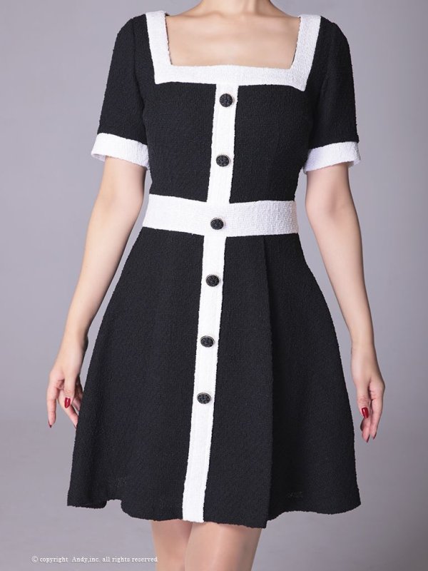 画像13: Lサイズあり【ANDY/アンディ】ツイード/ バイカラー/ 切り替えデザイン/ 半袖/ 袖あり/ スクエアネック/ ボタン/ フレア/ ミニドレス/ キャバドレス[FB03] (13)