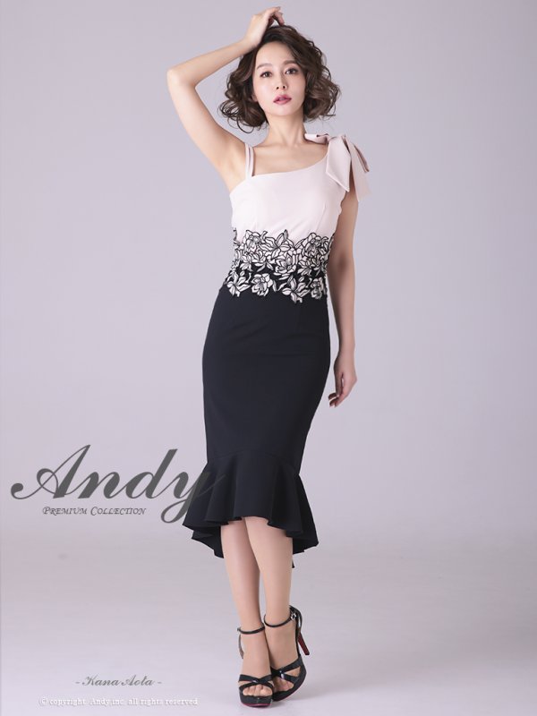 画像2: 【ANDY/アンディ】マーメイド/ショルダーリボン/ バイカラー/ ノースリーブ/ 裾フリル/ テールカット/ ミディアム丈/ キャバドレス[FB03] (2)