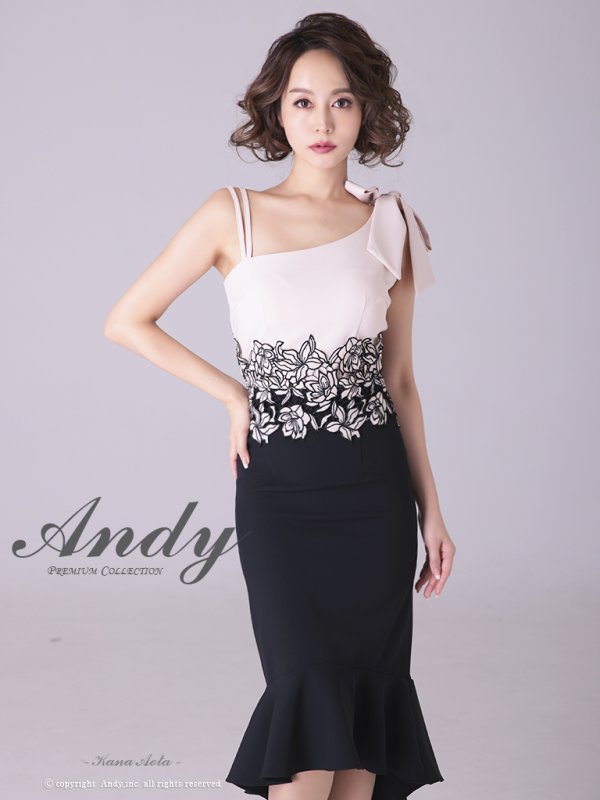 【ANDY/アンディ】マーメイド/ショルダーリボン/ バイカラー/ ノースリーブ/ 裾フリル/ テールカット/ ミディアム丈/ キャバドレス　ヌードベージュブラック　